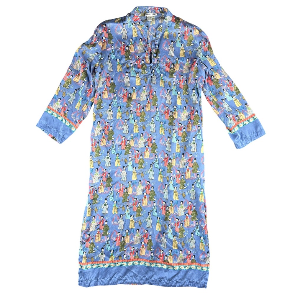 Vintage 90s WinterSilks Silk Pajama Nightgown Blue Asian Print Character Medium